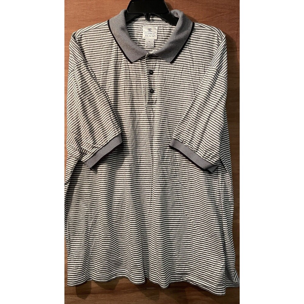 Pebble Beach Polo Shirt Men’s Size XL Black And White Stripes Short Sleeve Logo